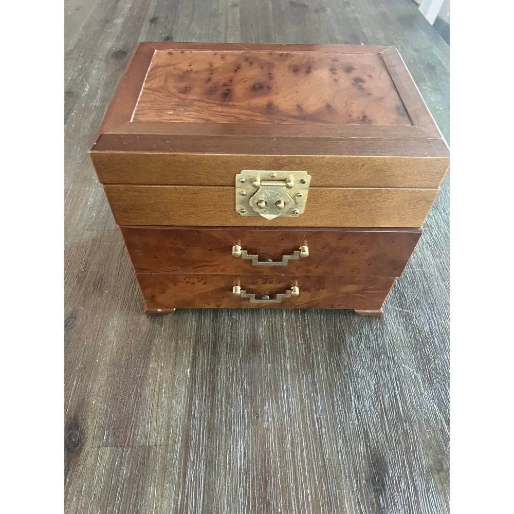 Vintage Burl Wood Jewelry Box Chest Brass Hardware 2 Drawers Necklace Hooks 10in